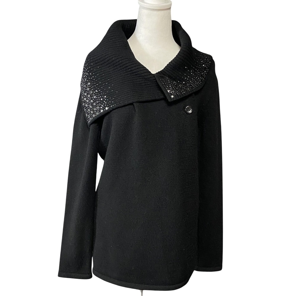 Christine Alexander Cardigan Sweater Womens M Black Wool Cowl Neck Rhinestone